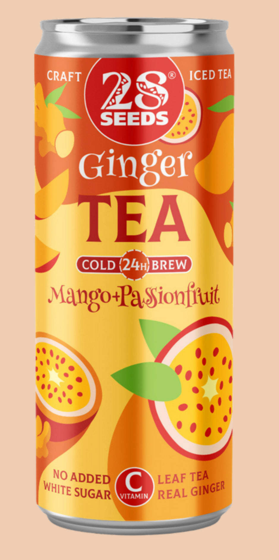 Can of 28 Seeds Ginger Tea with Mango Passionfruit flavor on a beige background