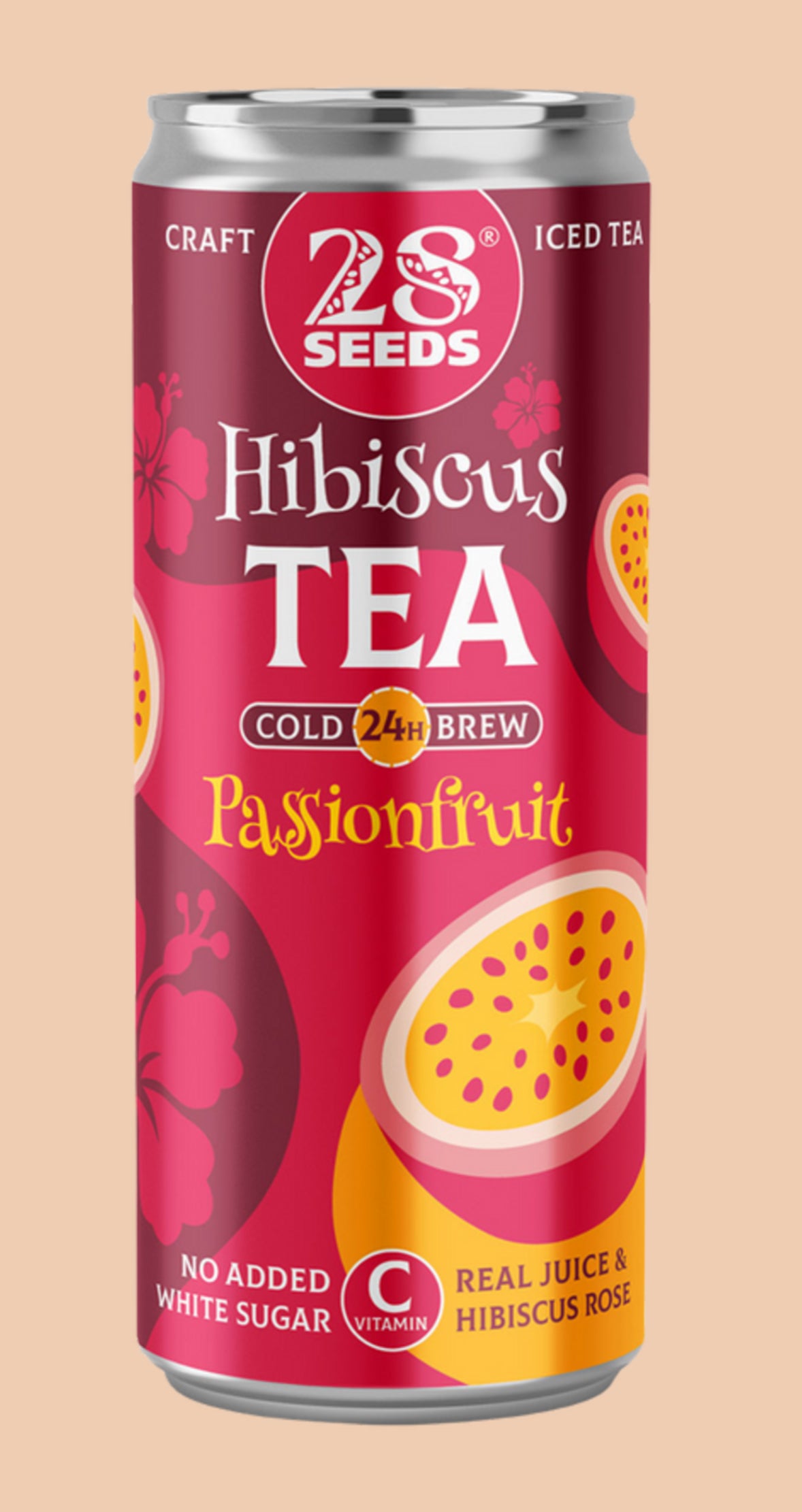 Can of 28 Seeds Hibiscus Tea with Passionfruit flavor on a beige background
