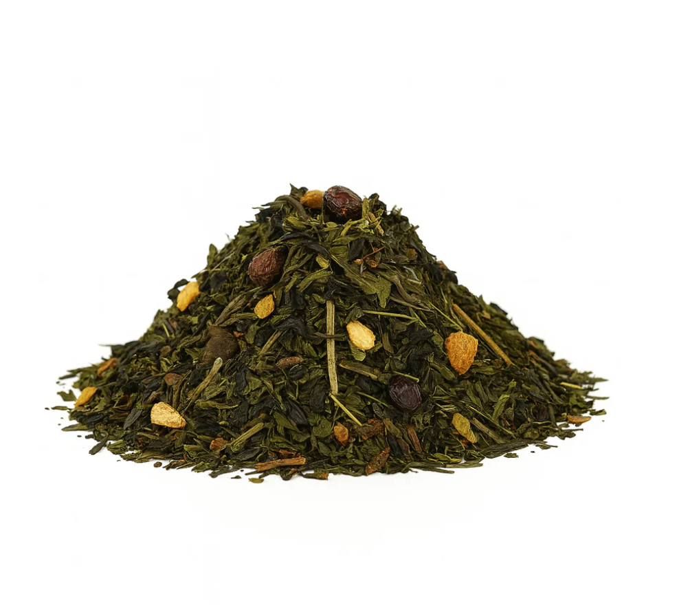 Heap of green tea leaves on a white background
