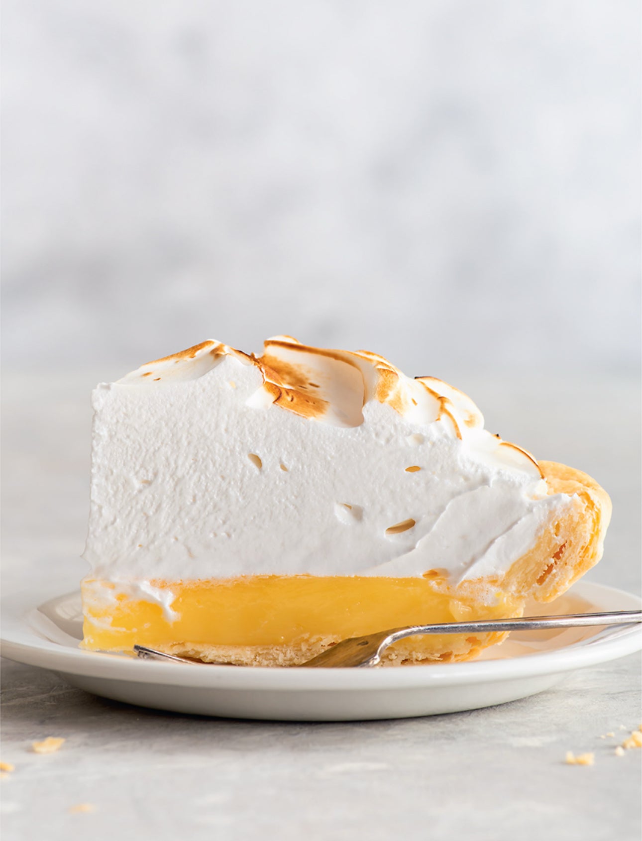 Slice of lemon meringue pie on a plate with a gray background