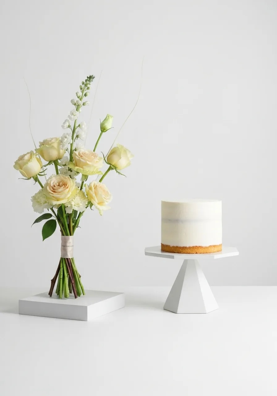 Bouquet of flowers and a small cake on white stands against a light gray background