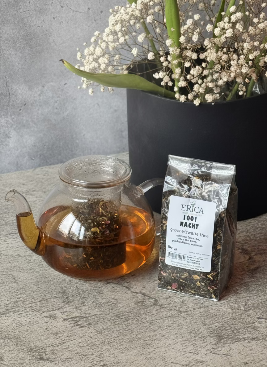 Packaged green/black tea with a label on a stone surface