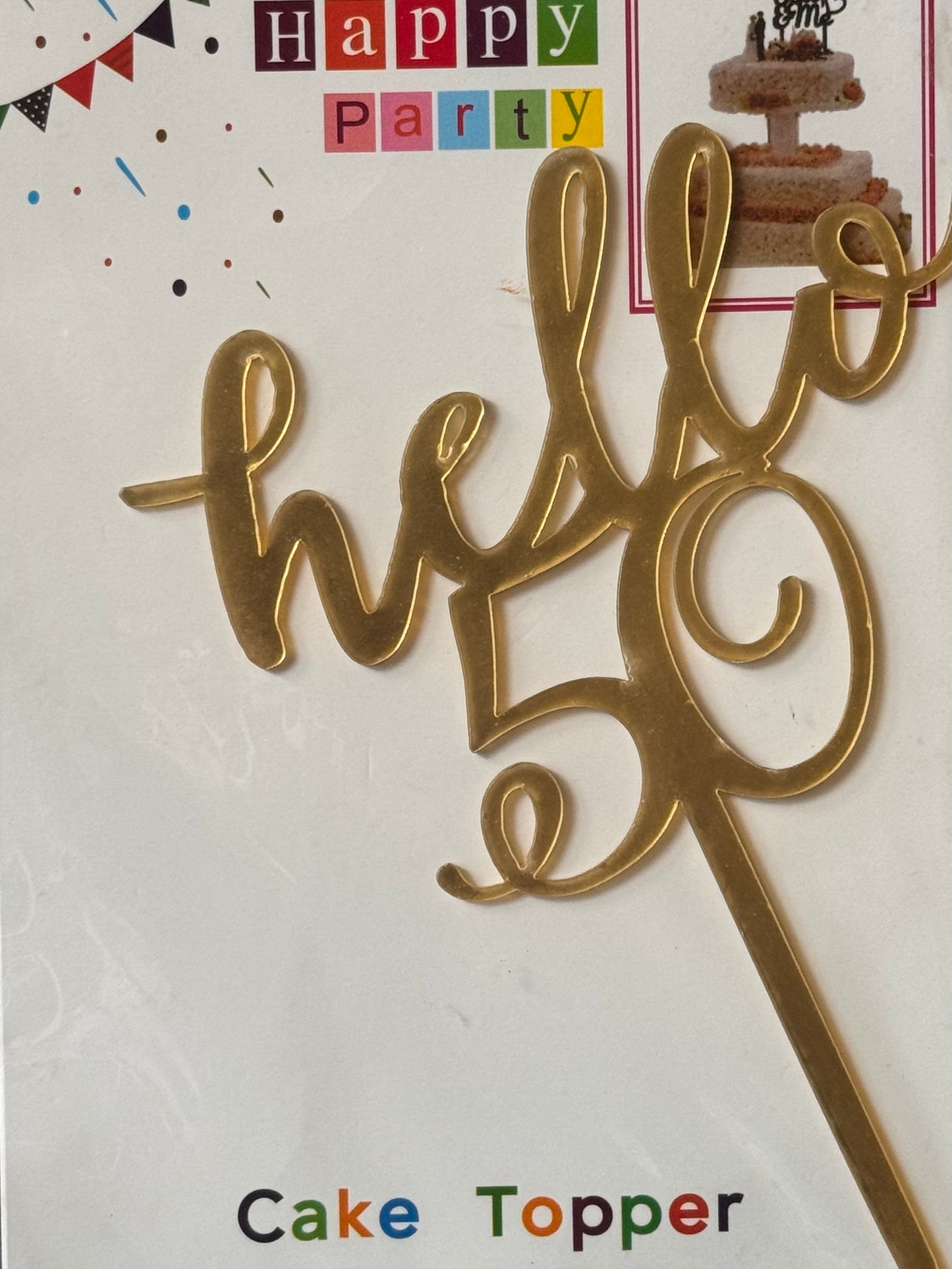 “Hello 50” golden cake topper