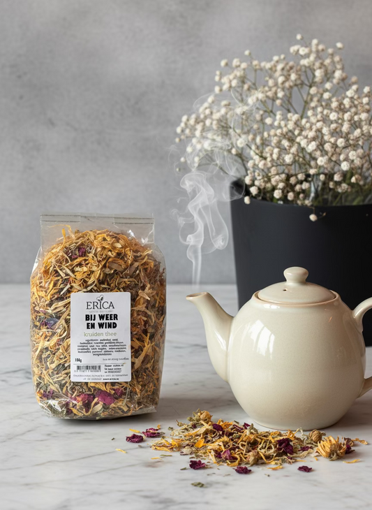 Bag of dried herbs with a label on a stone surface