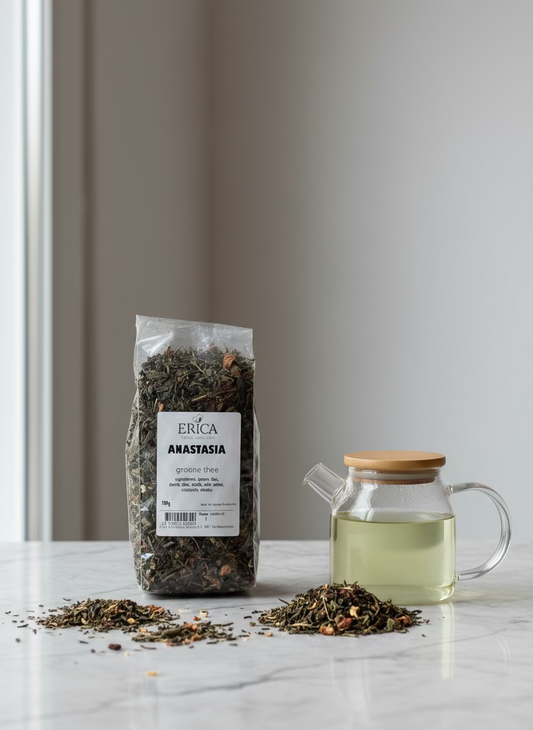 Packaged green tea labeled 'Anastasia' by 'Erica' on a stone surface with a plant in the background.