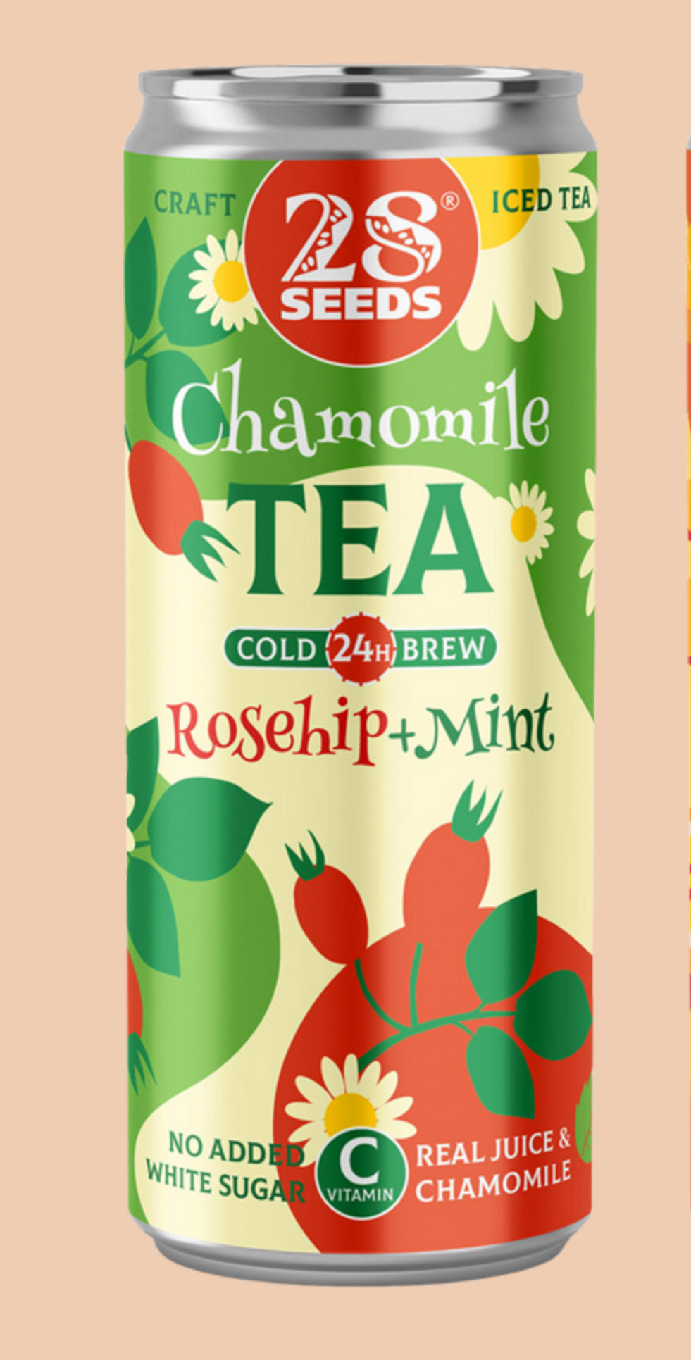 Can of 2S Seeds Chamomile Tea with rosehip and mint on a beige background