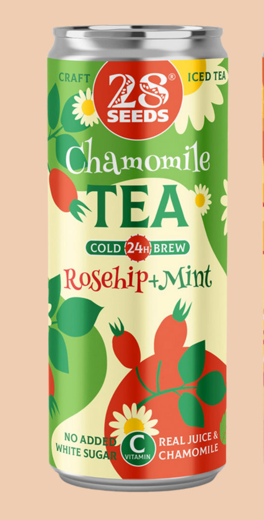 Can of 2S Seeds Chamomile Tea with rosehip and mint on a beige background