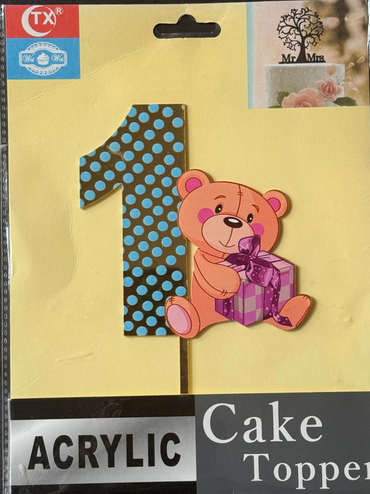 Number 1 and bear acrylic birthday cake topper v