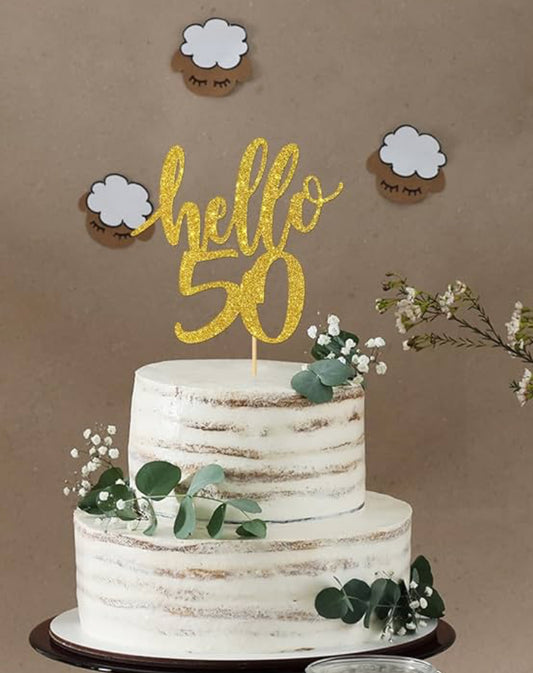 “Hello 50” golden cake topper