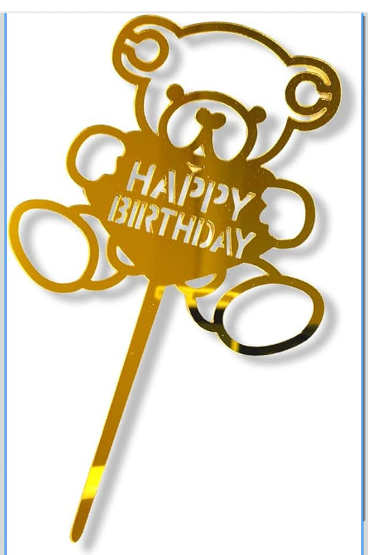 Acrylic golden teddy bear happy birthday cake topper