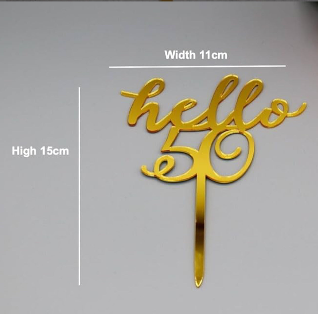 “Hello 50” golden cake topper