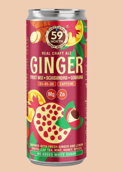 59 North Ginger Real Craft Ale can on a beige background