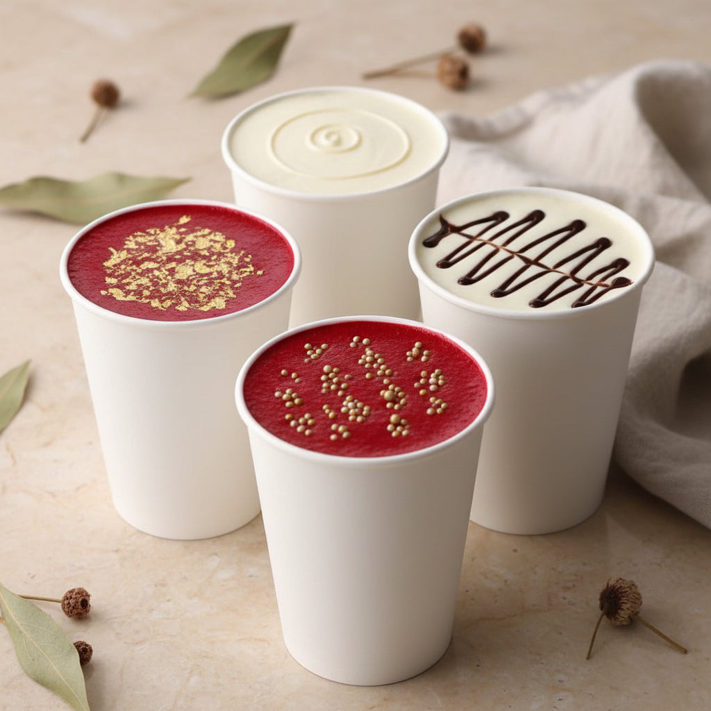 White coffee cups with cakes and with festive designs on a white surface