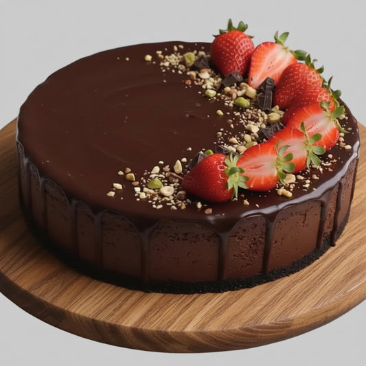 gluten-free raw vegan sugar-free Chocolate cake with strawberries on a wooden tray and gray background