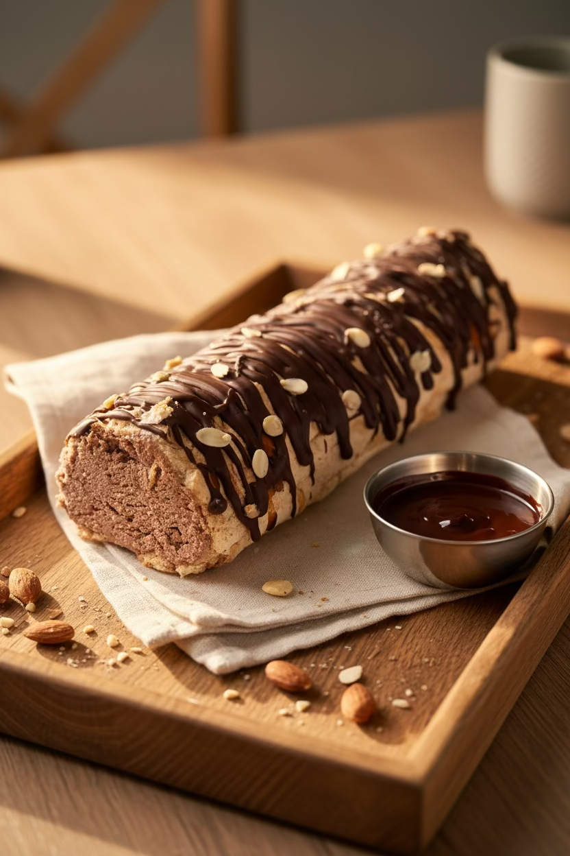 Dessert roll with chocolate and peanut coating in a white box on a gray surface