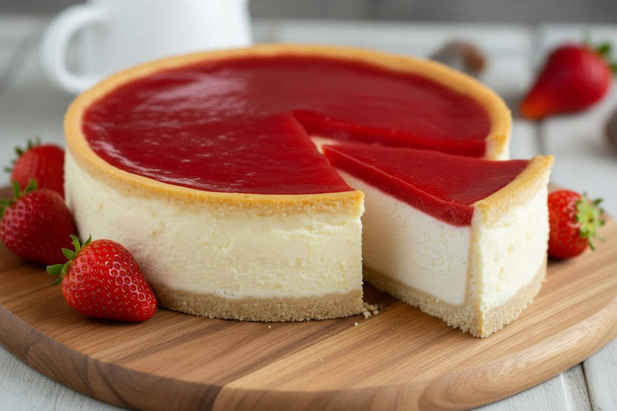 Gluten-free Vegan Cheesecake with strawberry topping on a wooden board with strawberries around
