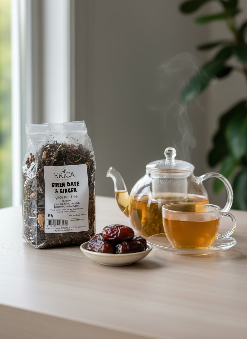 Bag of Green Date & Ginger tea on a dark surface