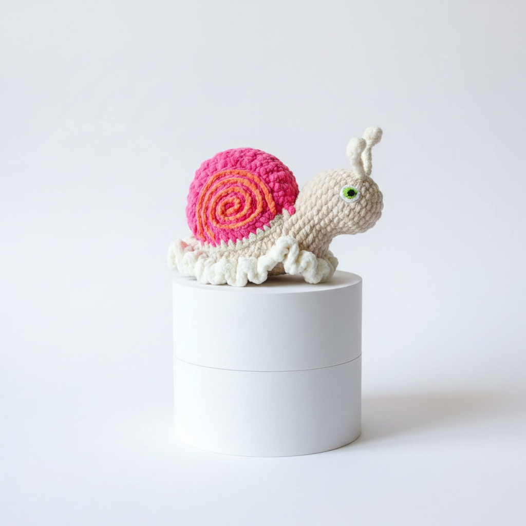 Crocheted snail toy with a pink shell on a light gray background