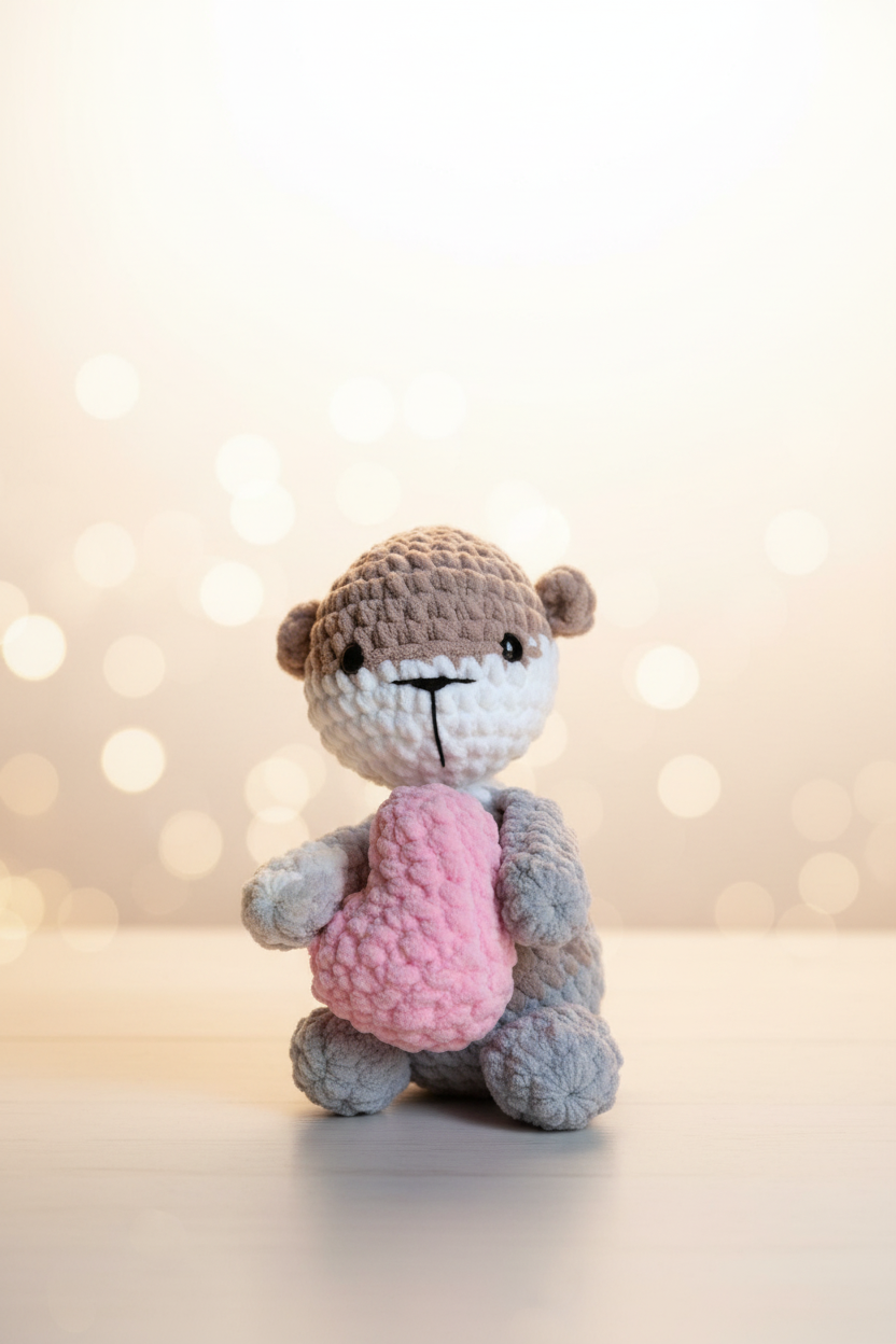 Crocheted teddy bear with a pink heart on a plain background
