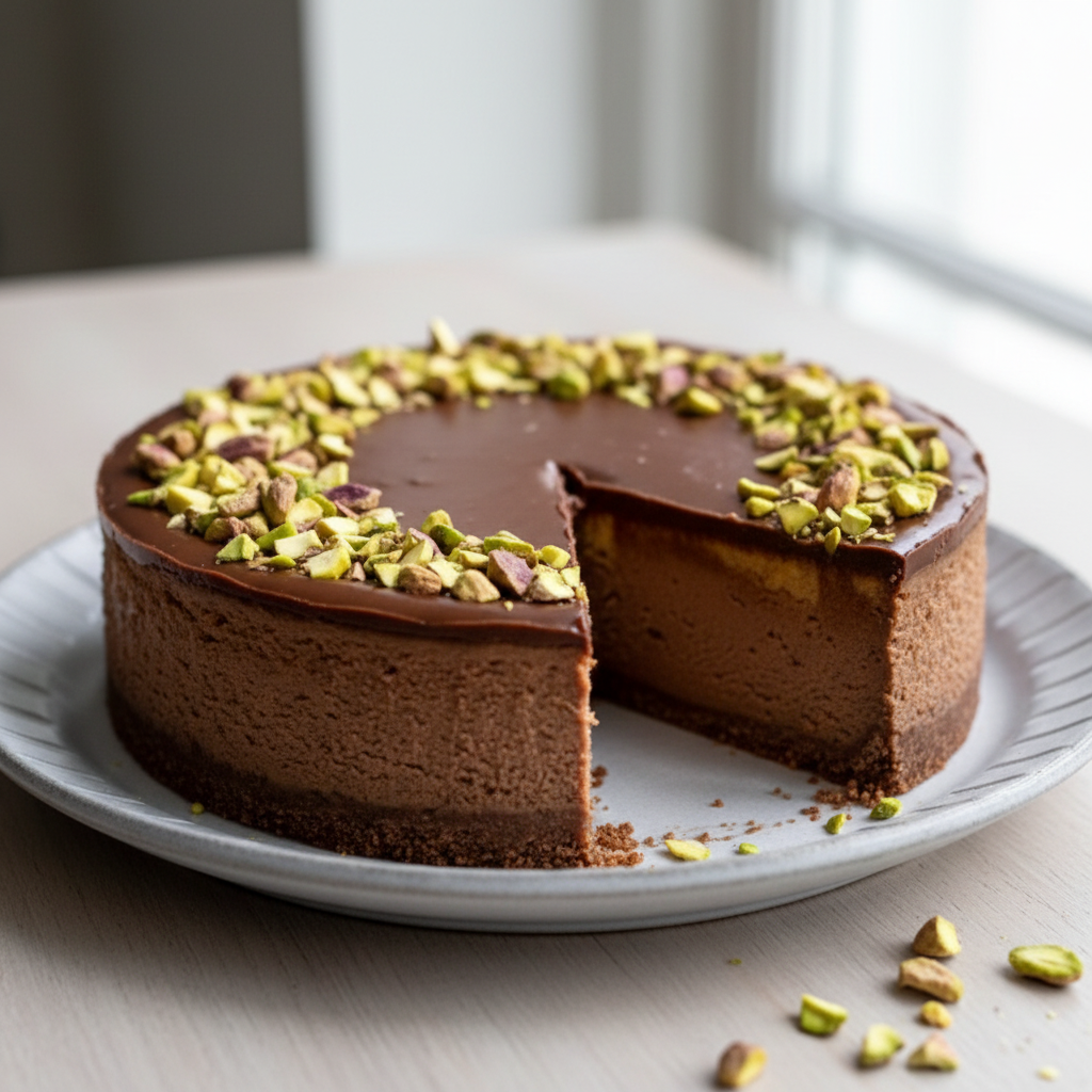 Gluten-free Vegan Chocolate cake with pistachio toppings on a white plate, with one slice removed.