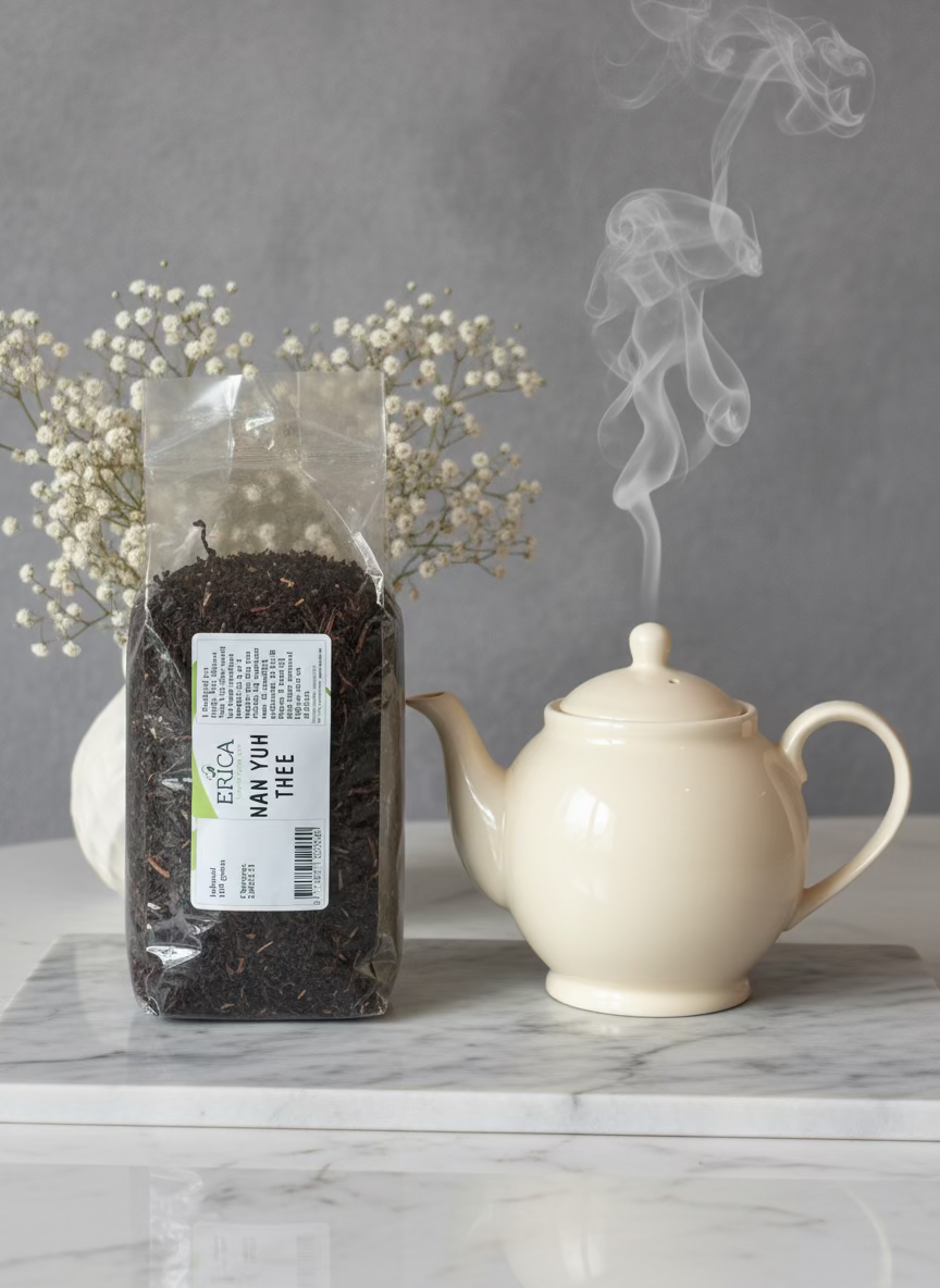 Bag of tea with a label in front of a potted plant