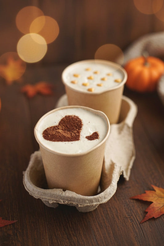 Two paper cups of chocolate cakes-to-go with a heart design on a wooden table.