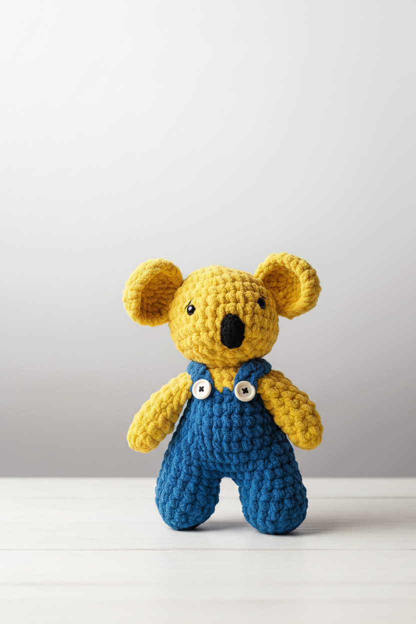 Crocheted toy bear with yellow body and blue overalls on a plain background