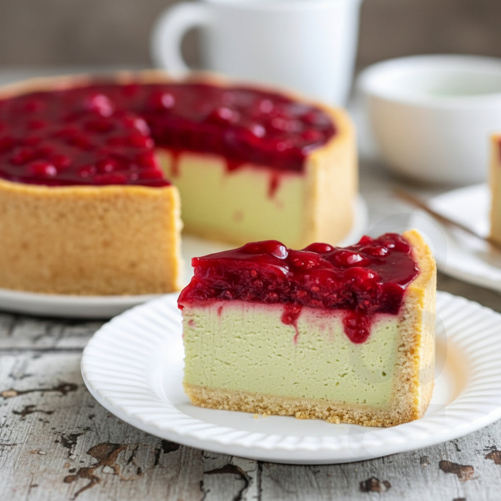 Slice of gluten-free vegan matcha cheesecake with raspberry topping on a white plate with a gold spoon.