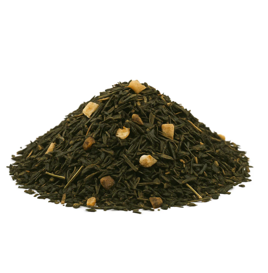 Heap of green tea leaves with small brown and beige pieces on a white background