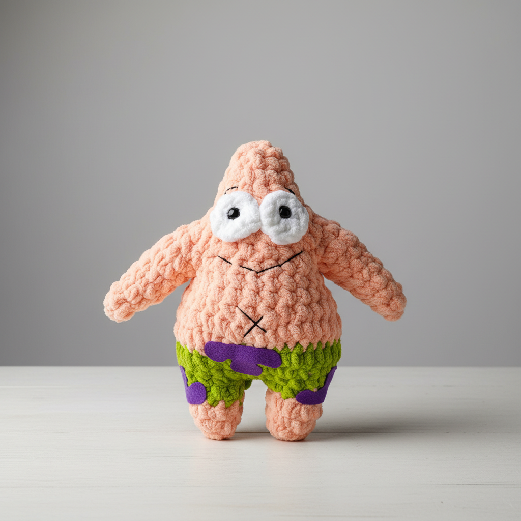 Handmade plush toy resembling a character with large eyes and a simple face on a plain background