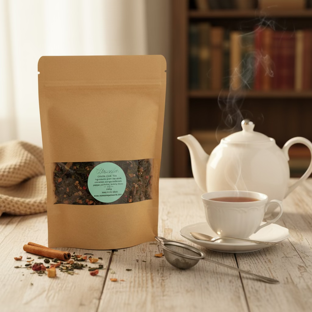 Tea packaging with a teacup, teapot, and tea leaves on a wooden table.