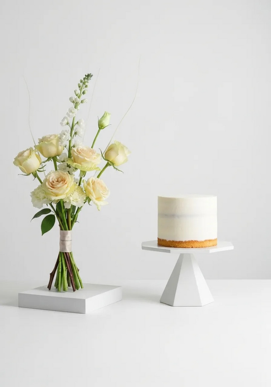 Bouquet of flowers and a small cake on white stands against a light gray background