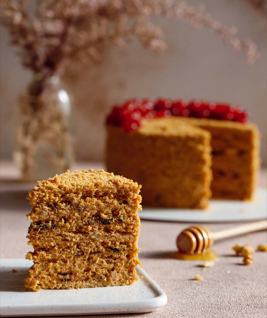 Low calorie/high protein Honey Cake Layered With Prunes and Walnuts